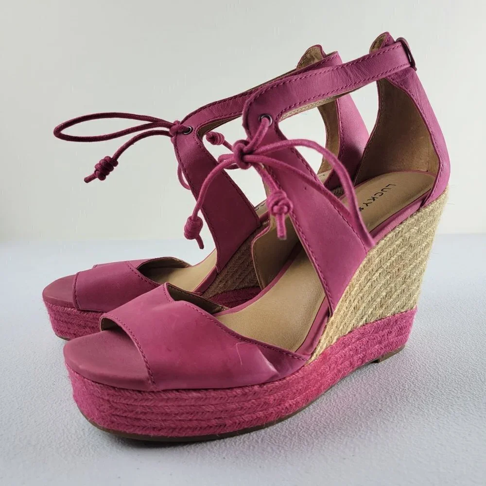 Lucky Brand Strappy Open Toe Wedges Espadilles Sandals Ankle Tie 9 Women Pink